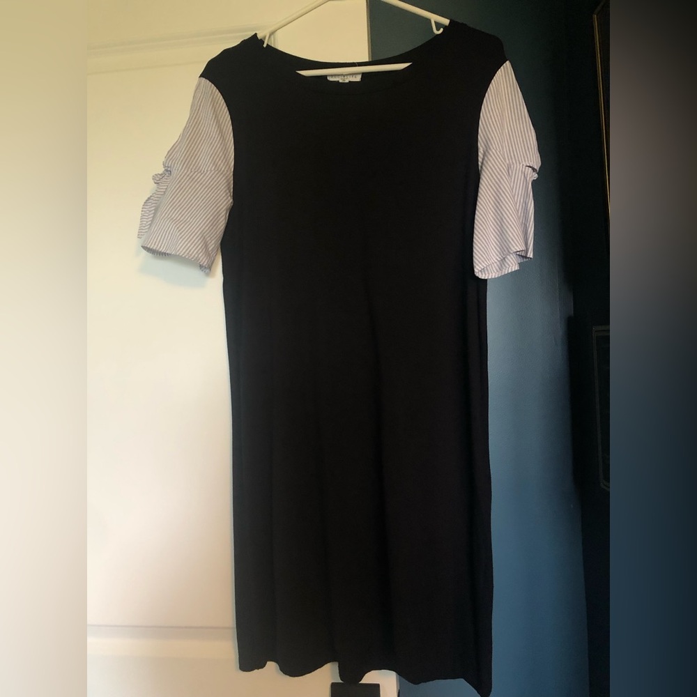 Socialite Black dress with pinstripe, tie, short sleeves, size Medium
